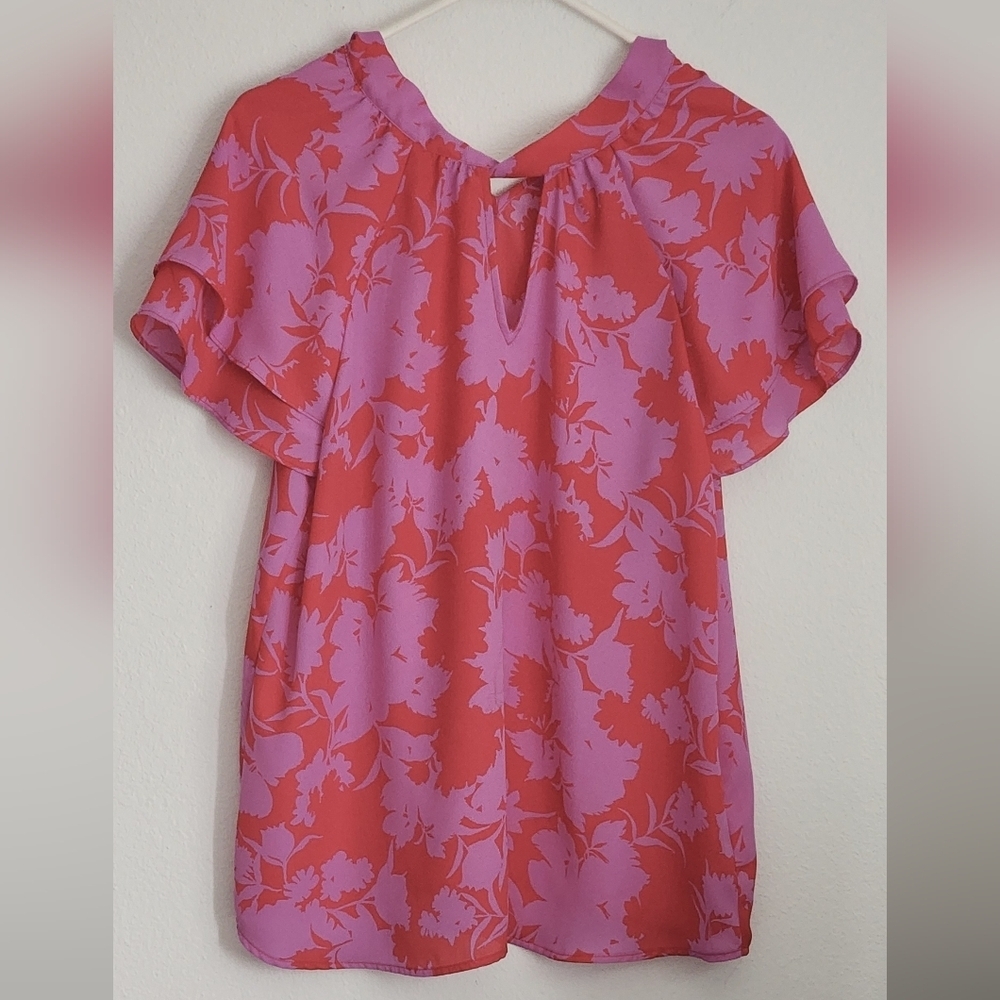 Pleione Women's Pink Print Pullover  Flutter Sleeves Fabric Tie Close - XL